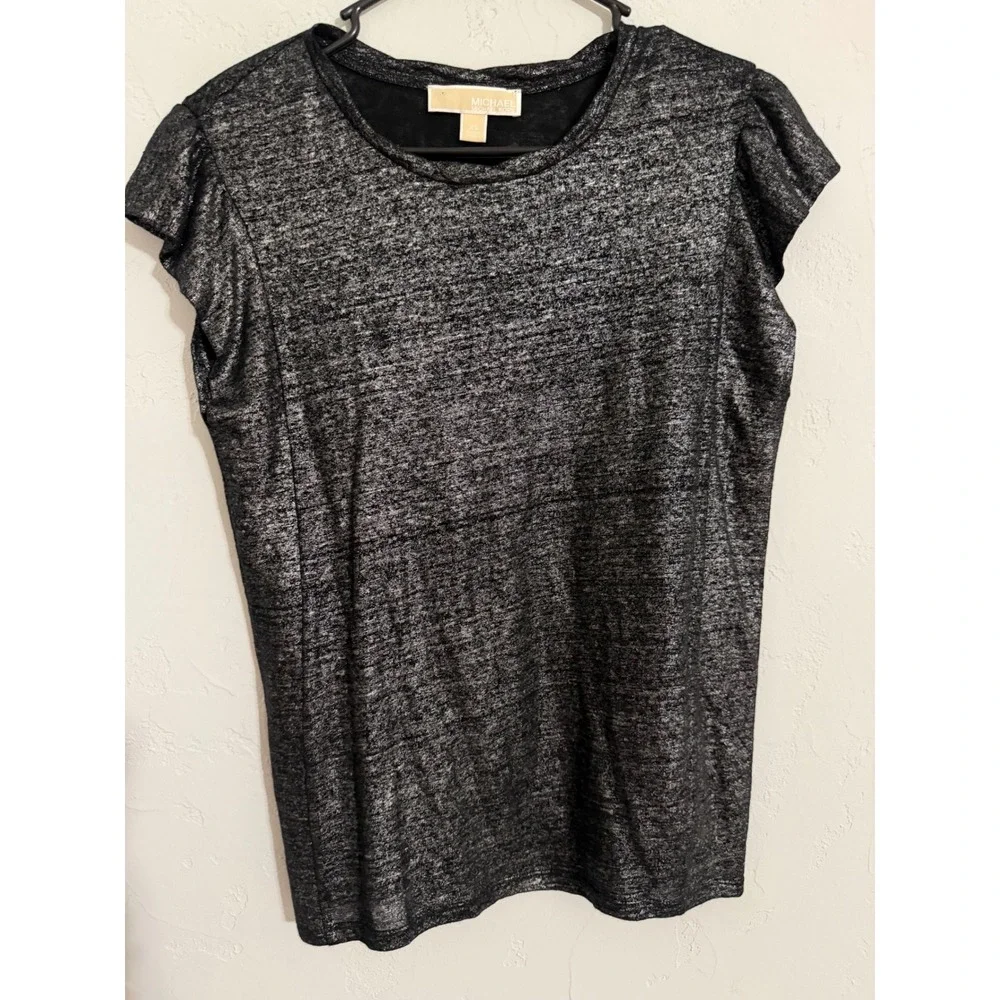 Michael Kors Womens Metallic Silver Black Linen Flutter Sleeve Top XS